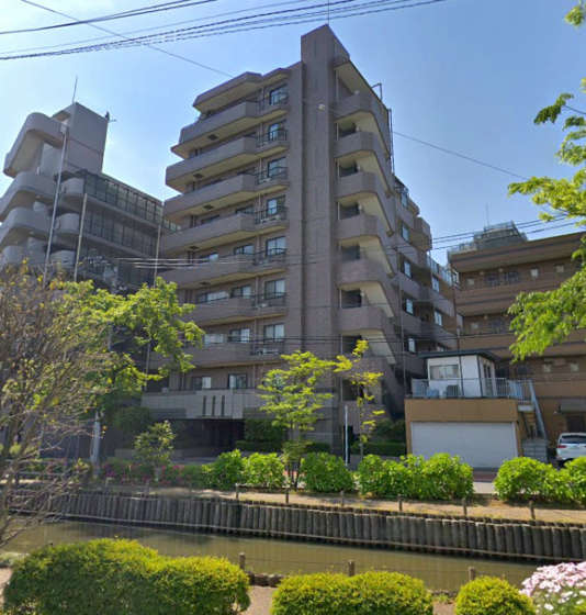ゼファー南葛西外観３｜ゼファー南葛西は平成８年築、９階建てのマンションです。左近川親水緑道に沿った立地です。周辺は水と緑に恵まれた住環境です。