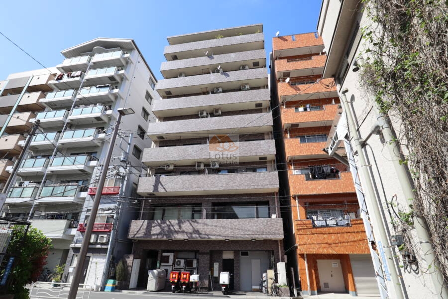 アドリーム亀戸外観1｜アドリーム亀戸は平成６年築、９階建てのマンションです。北側は蔵前橋通りに面しています。