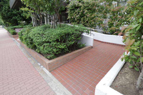 メゾン田町エントランス1｜スロープ設置済みです。植栽も豊富に設置されていて、管理体制は良好な印象を受けます。