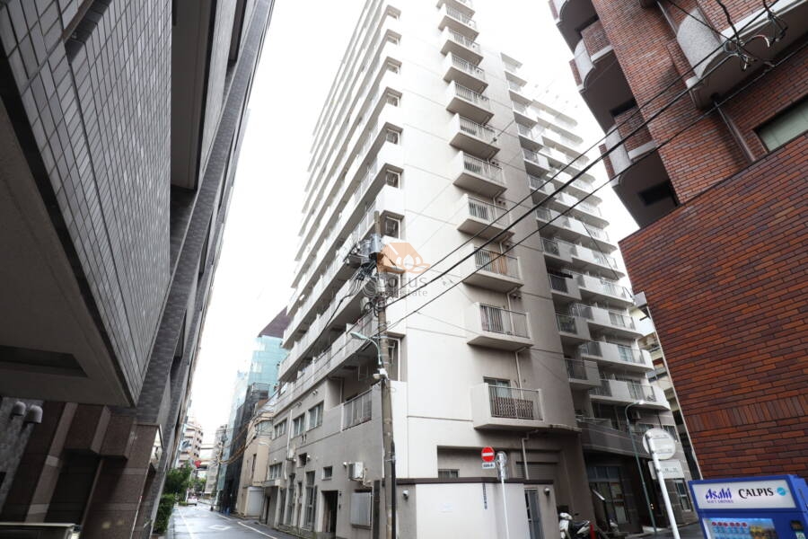 日本橋箱崎ハイツ外観1｜日本橋箱崎ハイツは昭和57年築、14階建てのマンションです。角地に立ち、全体がすっきりとしたベージュ系の外壁で統一されています。周辺ビルとの距離も近く、落ち着いた都市型住居の雰囲気が伝わってきます。