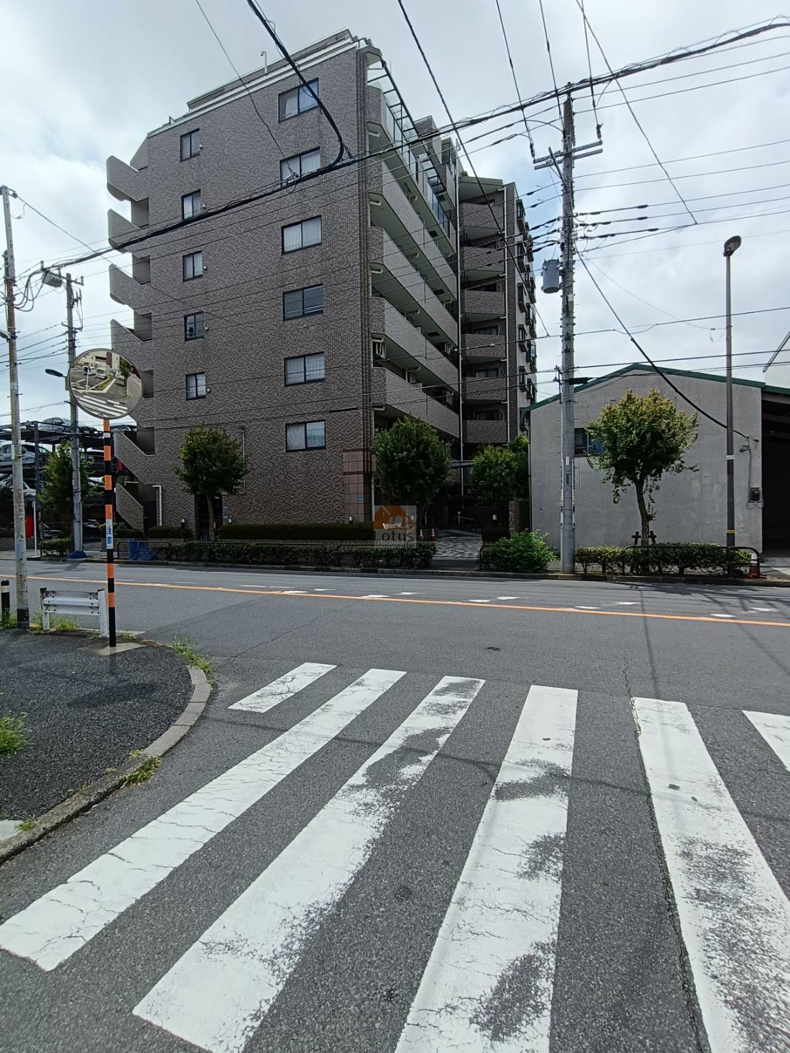 レクセルマンション竹ノ塚の北側外観。整った街路樹と歩道が建物の整然さを際立たせます。通勤通学の利便性と開放的な眺望を兼ね備えたポジションです。レクセルマンション竹ノ塚は、平成8年築、9階建てのマンションです。