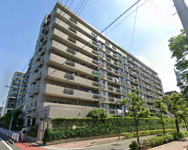 大島ファミール恩賜公園外観３｜大島ファミール恩賜公園は昭和６０年築の９階建てマンションです。西側に横十間川が流れ、その向こうに猿江恩賜公園があります。住吉駅、西大島駅の２駅３路線利用可です。