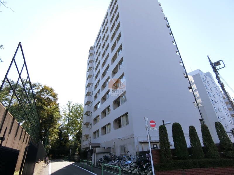 桜台ハイライズ外観北東側｜白を基調としたシンプルな外壁に囲まれ、周囲の緑と静かな道が穏やかな日常を感じさせています。北東側からは武蔵大学の緑がすぐそばに広がっています。