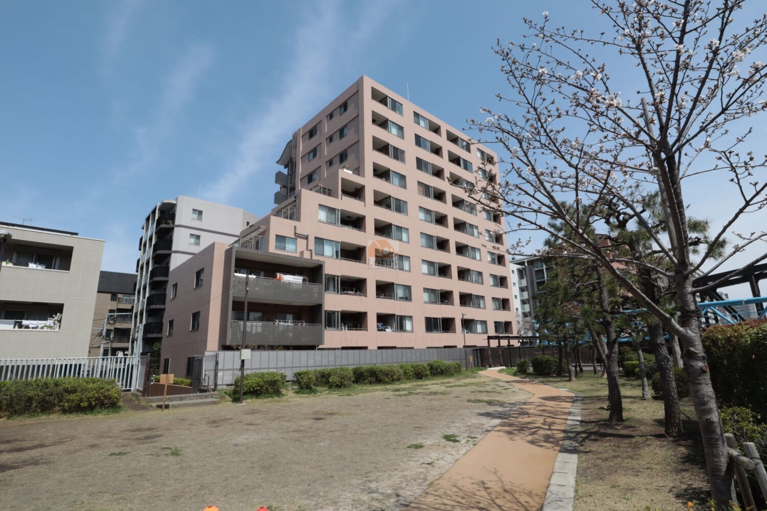 ベリスタ住吉の外観です。南向きの住戸が多く、小名木川と扇橋河川公園に面しているため、日当たりが心地よいです。公園越しに見える淡いピンクベージュの外壁が、穏やかな住宅地の雰囲気に溶け込んでいます。