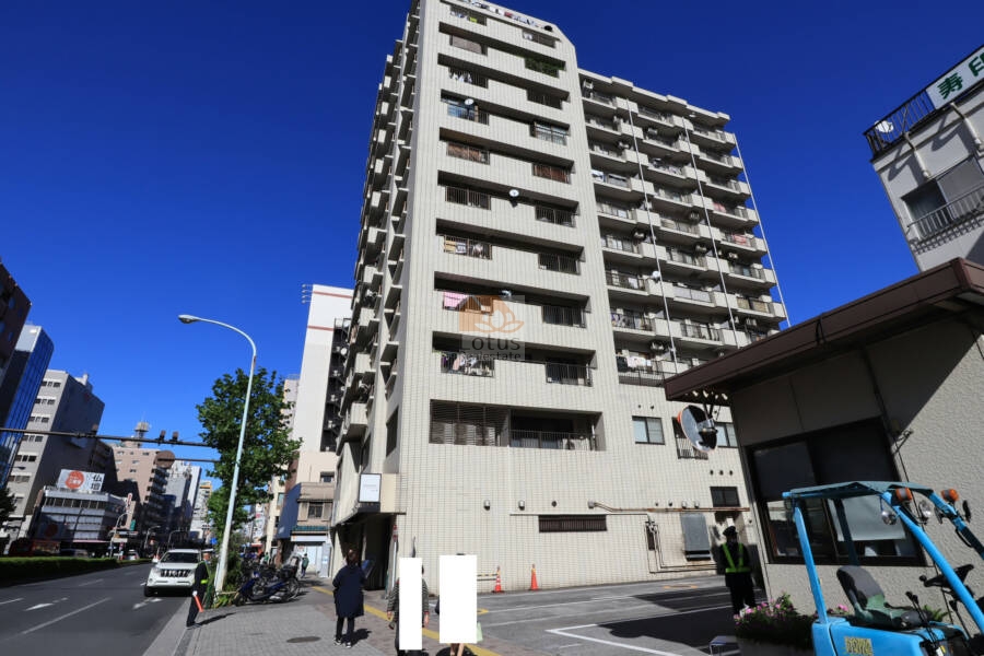 グリーンキャピタル浅草エントランス1｜グリーンキャピタル浅草は、12階建てで、シンプルで落ち着いた色調のタイル張りです。