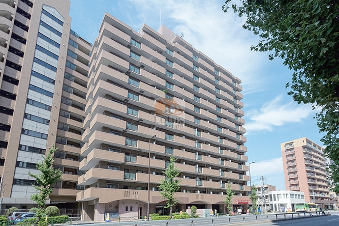 明るいベージュ系のタイルを基調とした外観が印象的です。地上11階建ての中層マンションで、バルコニーがリズミカルに並び、街路樹の緑と調和しています。北本通り沿いに建ち、道路側からも存在感がありながら、整った街並みに溶け込むように設計されています。朝日シティパリオ王子神谷は、平成8年築、14階建てのマンションです。