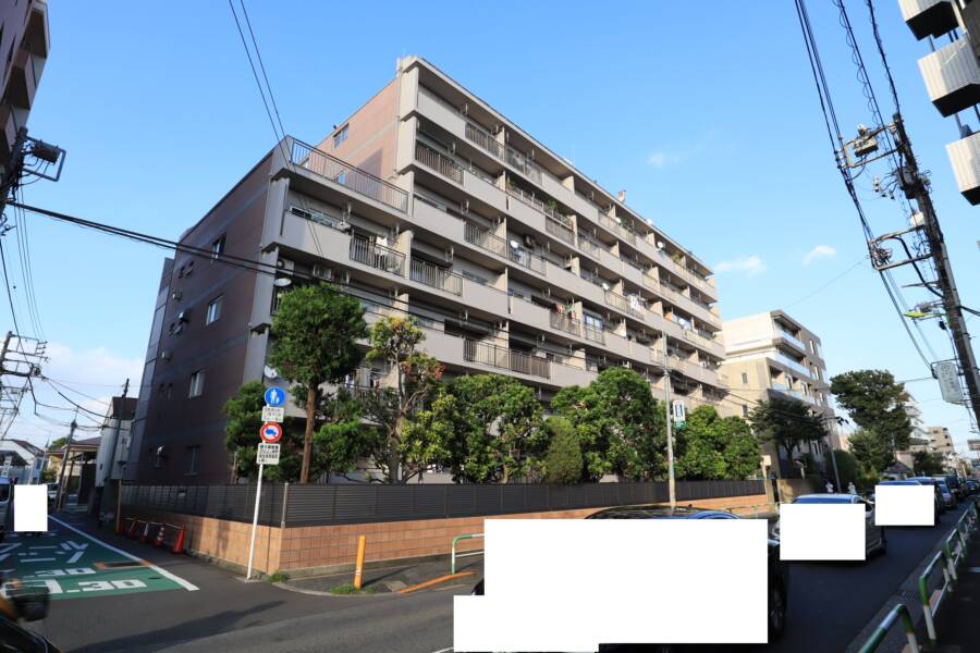 日生野沢マンション外観1｜日生野沢マンションはグレージュの落ち着いた色合いの9階建てのマンションです。南向きなので日当たりも良好です。