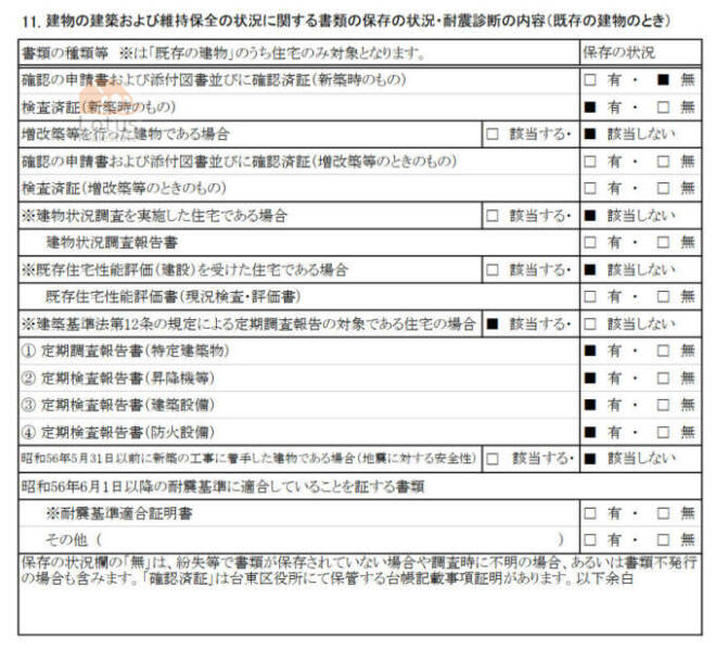 建物の建築および維持保全の状況に関する書類の保存の状況