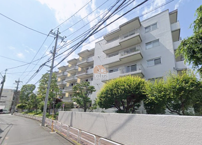 通りに沿って白い外壁の住棟が連なり、前面には白い擁壁と植栽帯、歩道のガードパイプが続き、電柱からの配線が上空を横切ります。道路は緩やかに曲がり、奥行き方向に街路樹が配されています。マンションニュー池尻は、昭和51年築、5階建てのマンションです。