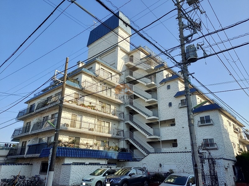 第一種低層住居専用地域に建つ外観は、白い壁面と青い屋根という秀和シリーズ特有の意匠がはっきりと確認できます。階段室を外に配した構成により、建物全体のボリュームが分節され、周囲の奥沢の閑静な住宅街との距離感が保たれています。夕方の時間帯には外壁に落ちる陰影が立体感を強調し、1970年築・RC造8階建ながら長期修繕計画ありという運用面の安心感が、見た目にも落ち着いた印象として表れています。