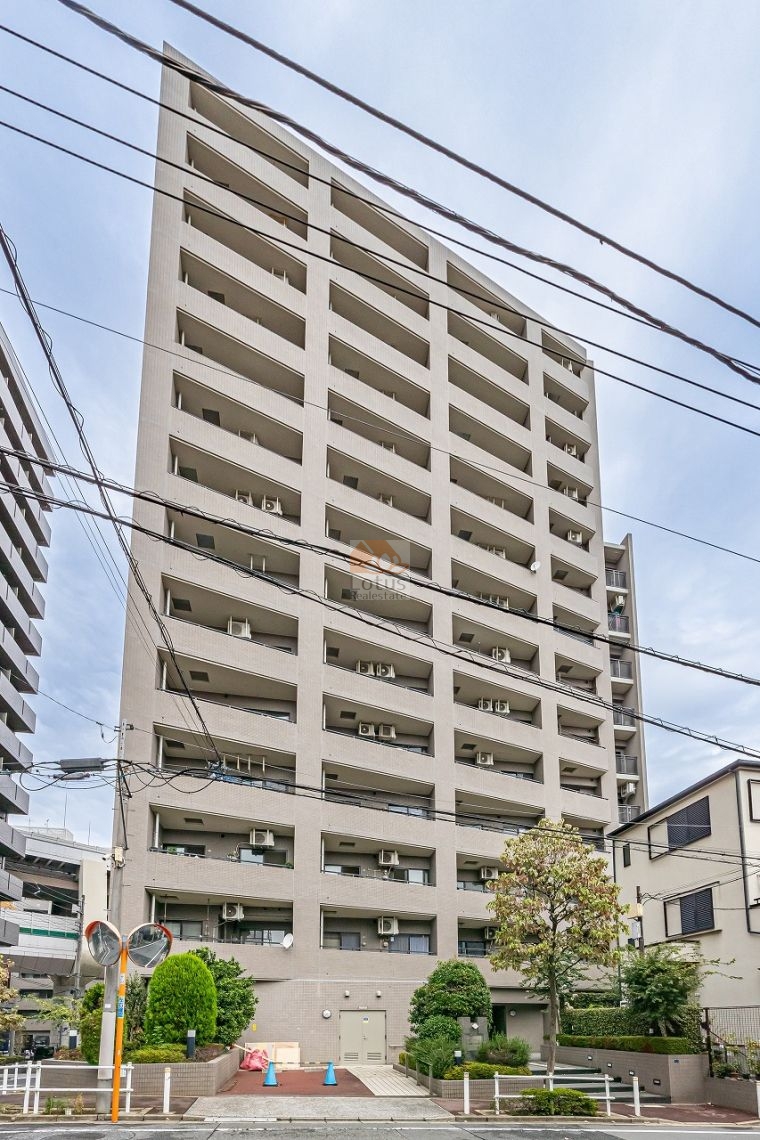 淡いグレーのタイル外壁が整然と並ぶ外観です。駅近ながら落ち着いた住宅街の中で、存在感のあるフォルムです。正面から見た建物は、整然とした開口部が並び、都市型マンションらしい機能美が際立ちます。周囲の建物とのバランスも良く、街の一角として品よく佇んでいます。