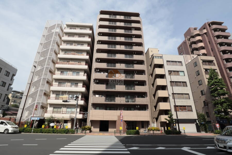 レクセルマンション音羽外観1｜レクセルマンション音羽は、音羽通りに面した立地で、落ち着いたベージュ系タイル張りのマンションです。