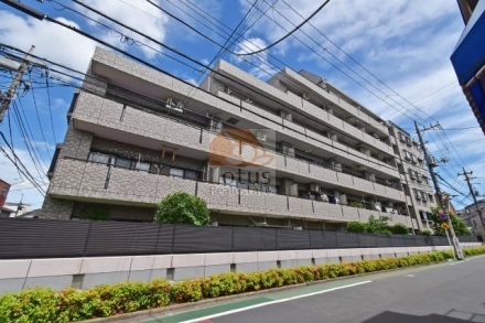 ライオンズガーデン平和台の外観。道路沿いに建つ7階建てで、外壁はグレー系のタイル仕上げです。低層側に植栽が施され、歩道との間を緑が柔らかく区切っています。ライオンズガーデン平和台は、平成7年築、7階建てのマンションです。