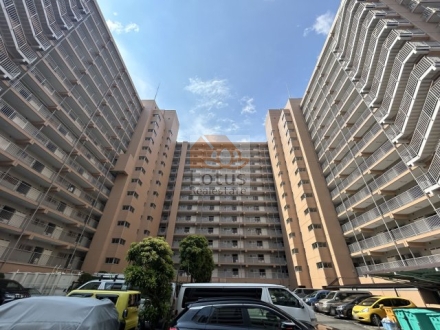 駐車スペースの中央に立つと、左右に翼状の住棟が立ち上がり、正面の中央棟までバルコニーが規則的に並びます。手前には乗用車が整列し、中庭状の空間越しに非常階段と手すり、上部の空が抜けて見えます。ライオンズマンション大森は昭和53年築、14階建てのマンションです。しながわ水族館を望む立地が魅力。都市の利便性と自然の潤いを両立した住まいです。