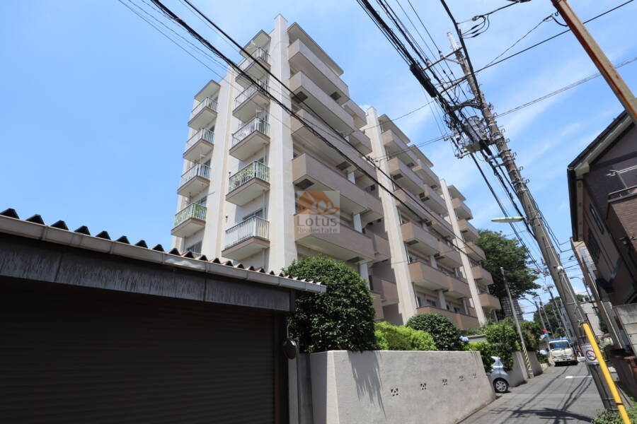 ドミール烏山外観1｜茶系の中層マンションで、植栽が整えられた前庭とアプローチが写っています。落ち着いた住宅街に調和する外観デザインが特徴です。駅徒歩圏で、生活環境も整った立地です。