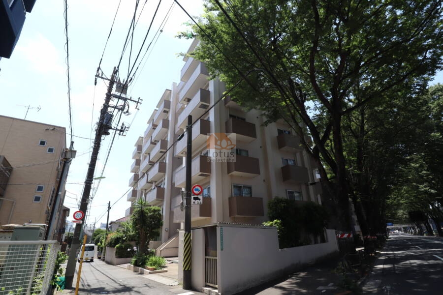 ドミール烏山外観4｜ドミール烏山の外観。黒とグレーを基調とした建物全景と道路が写っています。都市型マンションの佇まいが感じられます。