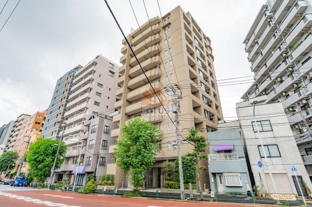 不忍通り沿いに建つ12階建てのマンション外観です。ベージュ系の外壁タイルとガラス手すりのバルコニー、都市型の端正なフォルムを形成しています。前面道路はゆとりある歩道を備え、建物前に植栽が整えられています。グランスイート文京本駒込は、平成17年築、12階建てのマンションです。