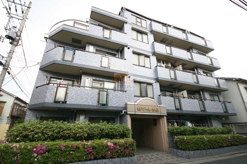 セザール西大島 (1)｜セザール西大島は、ブルーグレーのタイルで覆われた5階建てのマンションです。