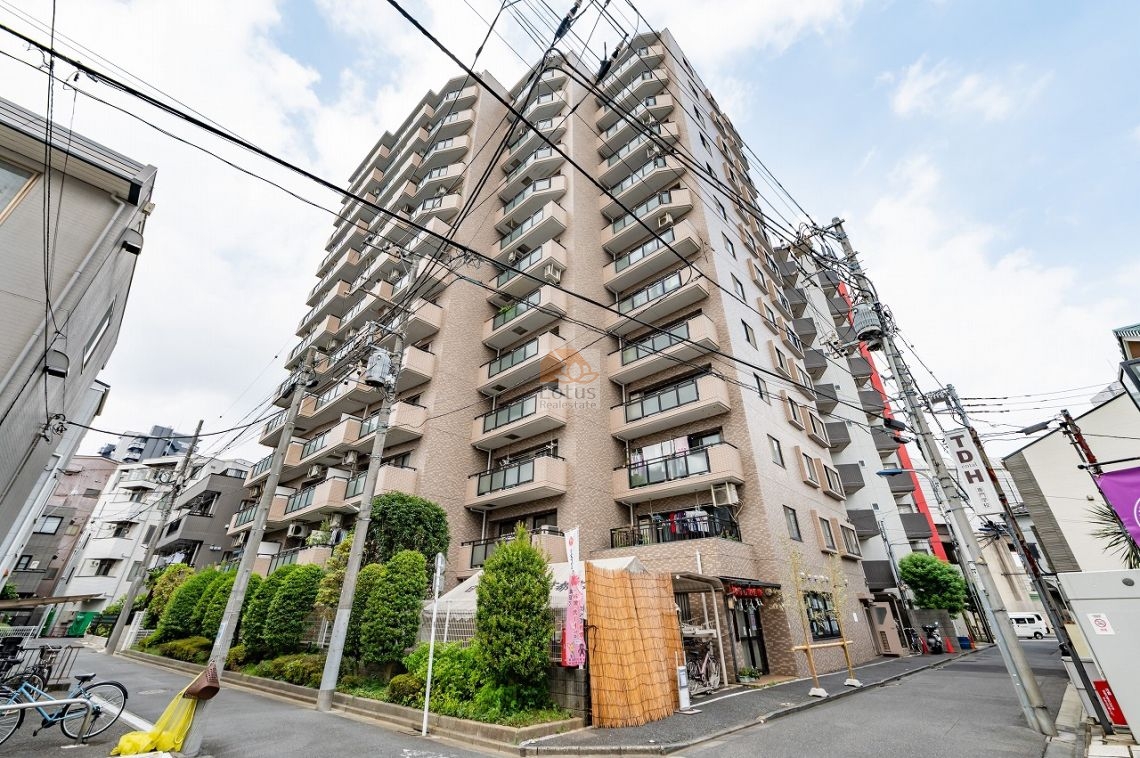 地上13階建ての建物外観で、周囲には植栽があり、街路樹とともに建物の足元を彩っています。道路に面した位置には商業施設や店舗の看板も見え、生活感のある下町らしい景観が広がっています。ライオンズマンション西巣鴨は、平成8年築、13階建のマンションです。