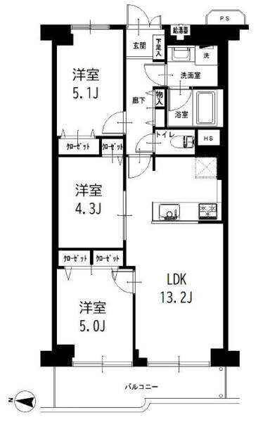 芦花公園スカイハイツ711間取（3LDK）