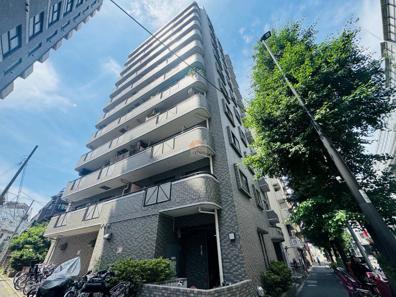 アークステージ北池袋の外観。11階建てのタイル貼りファサードが目を引く、山手通り沿いの中高層マンションです。都市型の住まいとしての品格を感じさせます。アークステージ北池袋は、平成8年築、11階建てのマンションです。