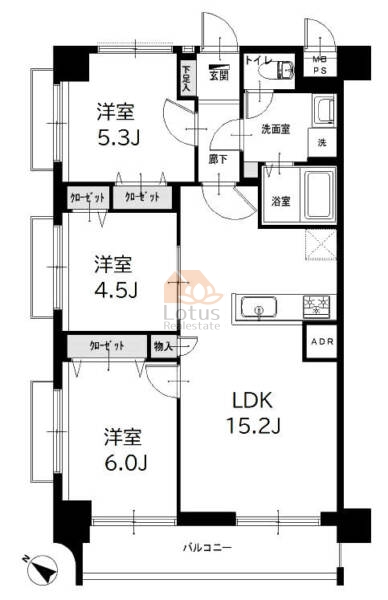 志村坂上見次公園マンション306間取（3LDK）