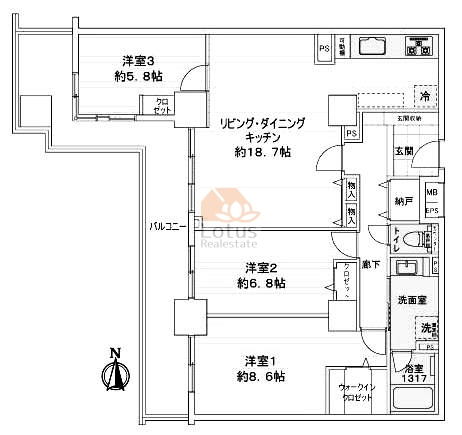 シテヌーブ北千住３０1602間取（3LDK）