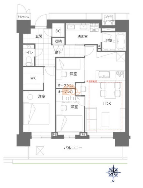 ザ・パークハウス晴海タワーズクロノレジデンス4415の間取（3LDK）