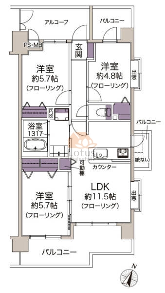 ライオンズヒルズ赤塚公園412の間取（3LDK）