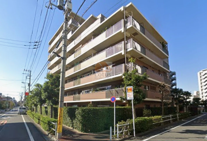 敷地の角地に建つ中層レジデンスで、道路との距離がしっかり確保されています。バルコニーが整然と連なる外観は落ち着いた印象で、車通りの音も一定距離で和らぐ配置です。蓮根駅徒歩7分という立地条件と合わせ、日常動線を意識した街区計画といえます。