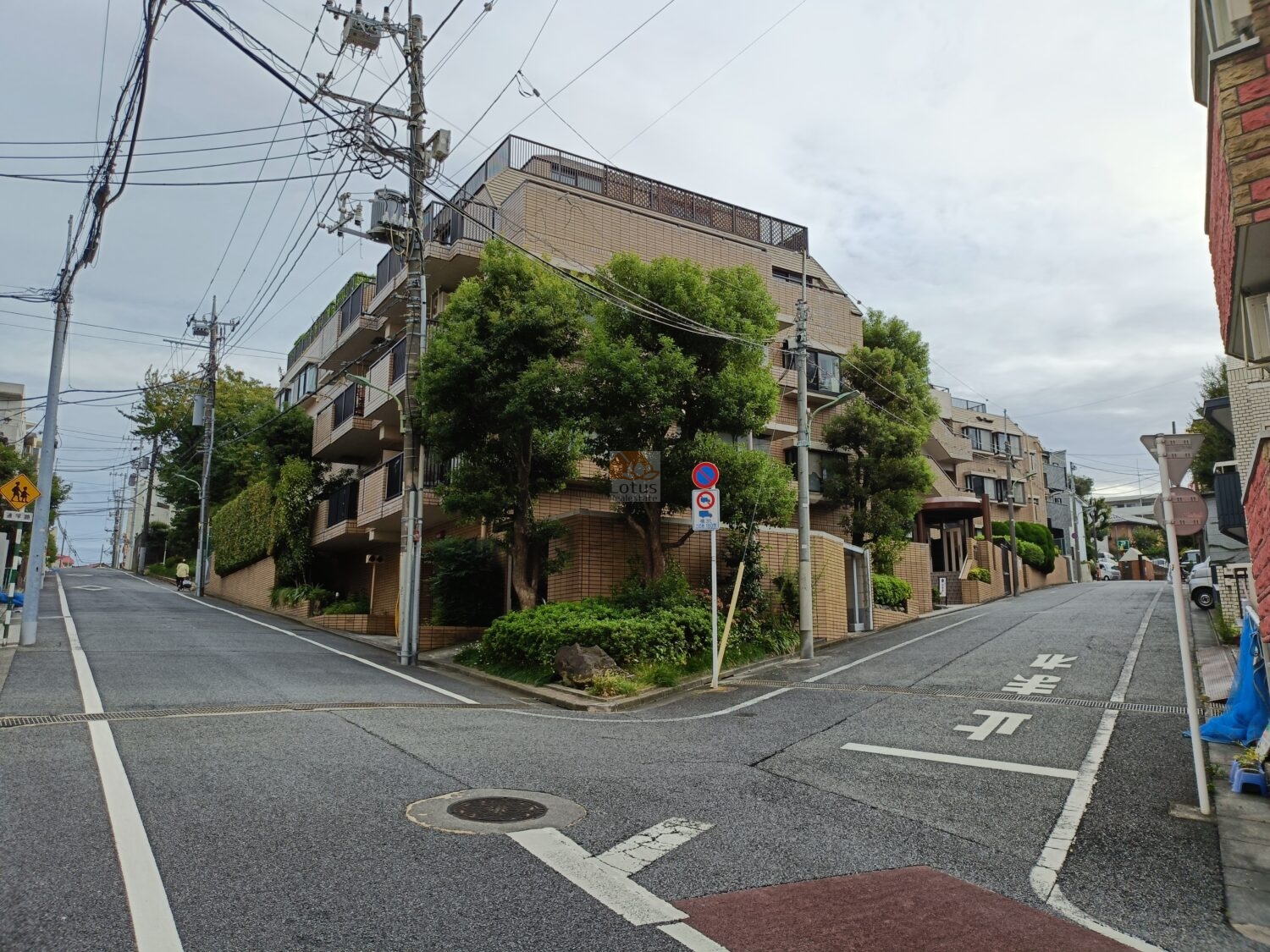 上池台のグリーンキャピタルマンションの角地に立ち、左右に伸びる坂道とともに街並みの奥行きが見えてきます。歩道と車道の区分がはっきりしていて、歩くと足元の勾配がほどよい運動量になりそうだと感じます。周囲の緑と低層住宅が多く、都心アクセス圏ながら穏やかな住環境だと実感できます。