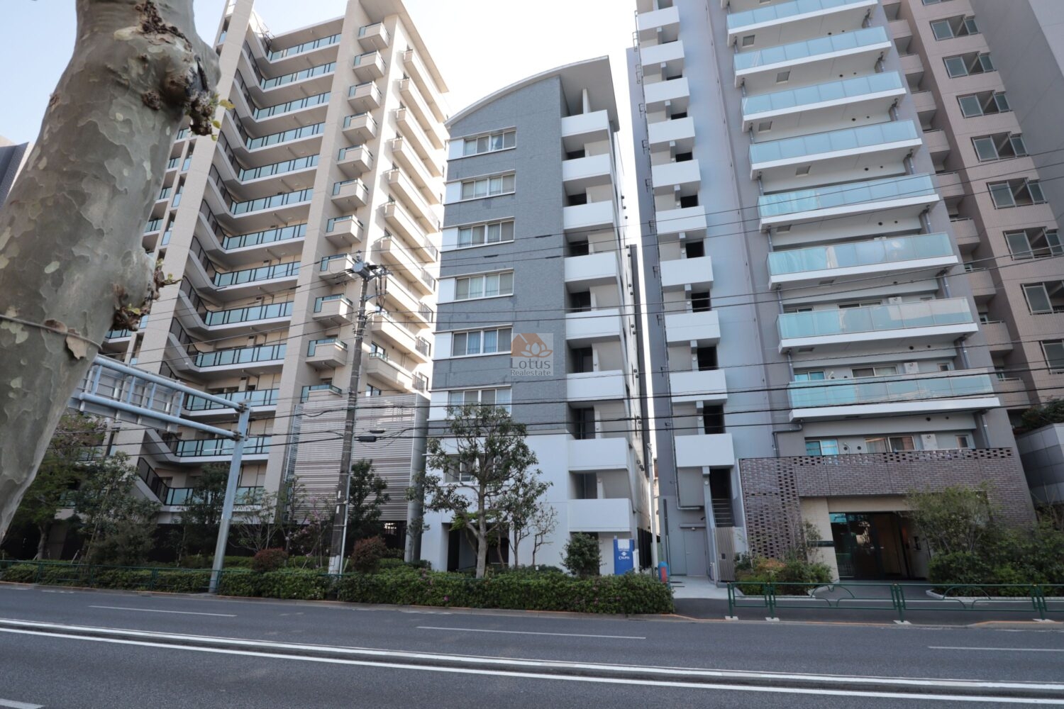 リベルジェ尾久駅前の外観です。明治通りに面した立地で、青空の下にすっきりと伸びる縦ラインが印象的です。植栽の緑がほどよく添えられ、駅前ながら落ち着きを感じる佇まいになっています。