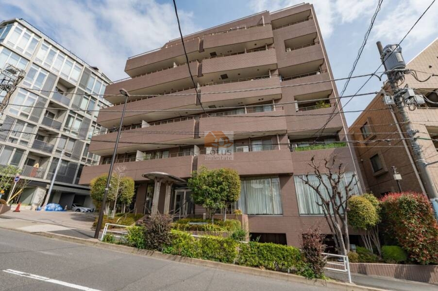 グランディ代官山外観２｜グランディ代官山の外観。ブラウン系タイル貼りの7階建てマンションで、植栽が整えられた前面道路に面している。恵比寿・代官山エリアにふさわしい落ち着きあるファサードが印象的。