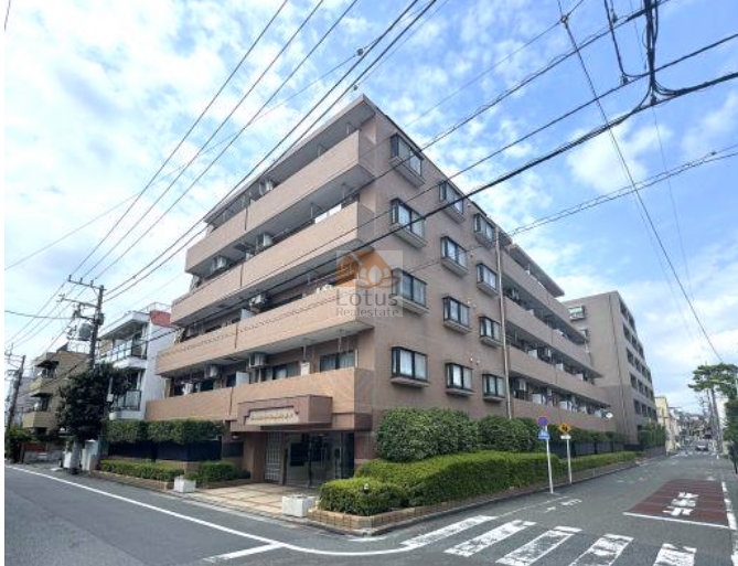 ライオンズマンション洗足池第２の外観。落ち着いたブラウンタイル貼りの外観と、2面接道による開放感が特徴です。植栽が整い、街並みに溶け込む端正な印象を与えます。