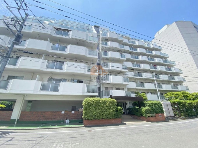 白を基調とした外観で、9階建てのマンションです。低層部にはレンガ調の仕上げが施され、周囲の植栽が建物の印象を柔らげています。ニューライフ大森は、昭和54年築、9階建てのマンションです。