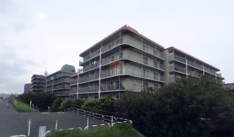 レック東多摩川スカイハイツ２号館の外観。川沿いの堤防に面して建つ６階建の外観で、道路に面した手前には植栽が整えられ、低層から上層まで一様に並ぶ住戸のラインが、堤防の緑と調和していました。レック東多摩川スカイハイツ２号館は、昭和56年築、6階建てのマンションです。