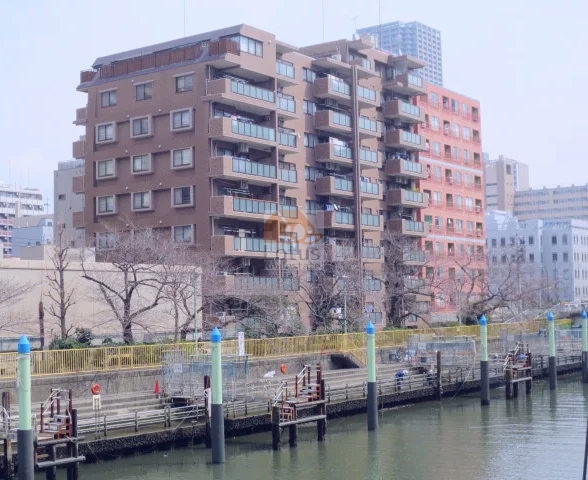 セザールリバーサイド月島の外観（向かって左側）。月島川沿いに立地する10階建ての建物が、水辺の桟橋と並んで映し出されています。バルコニーが規則的に配置され、川面に近い立地がリバービューを象徴していました。
