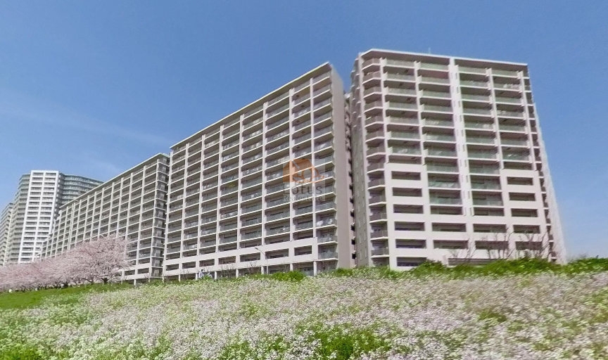 東京サーハウスのセンターポート、リバーポートの外観。建物は白を基調とした大規模な外観で、多摩川の緑地からみると、前景には春の花が一面に広がり、自然と建築が調和した景観を形づくっています。