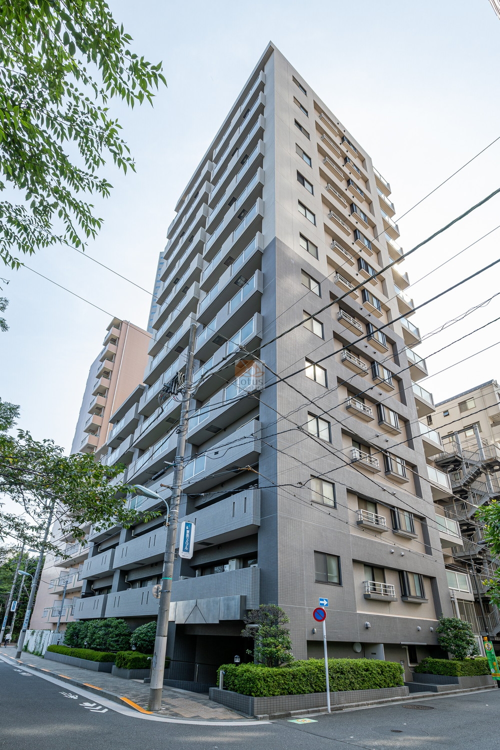 高層階まで伸びるフォルムが印象的で、均整のとれたバルコニーラインと落ち着いたグレー系の外装タイルが街並みに調和していました。足元には植栽が整えられ、川沿いの静けさを引き立てるような外観でした。マイキャッスルリバーフロイントタワー銀座東は、平成10年築、14階建てのマンションです。