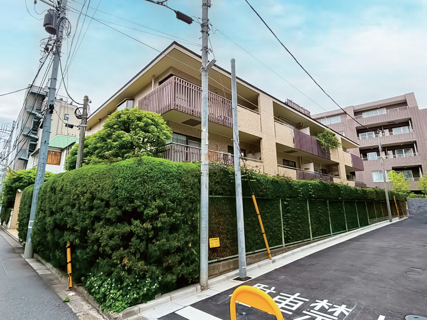 低層レジデンスならではの落ち着いた外観で、通り沿いの植栽が視線を柔らかく遮っています。外苑前駅徒歩9分・表参道駅徒歩7分という都心の中心にありながら、住宅街としての静けさが確保されています。塀と緑の高さが適度に抑えられ、周囲の建物との距離感が優しく感じられる佇まいです。神宮前プリンスハイツは、昭和59年築、4階建てのマンションです。