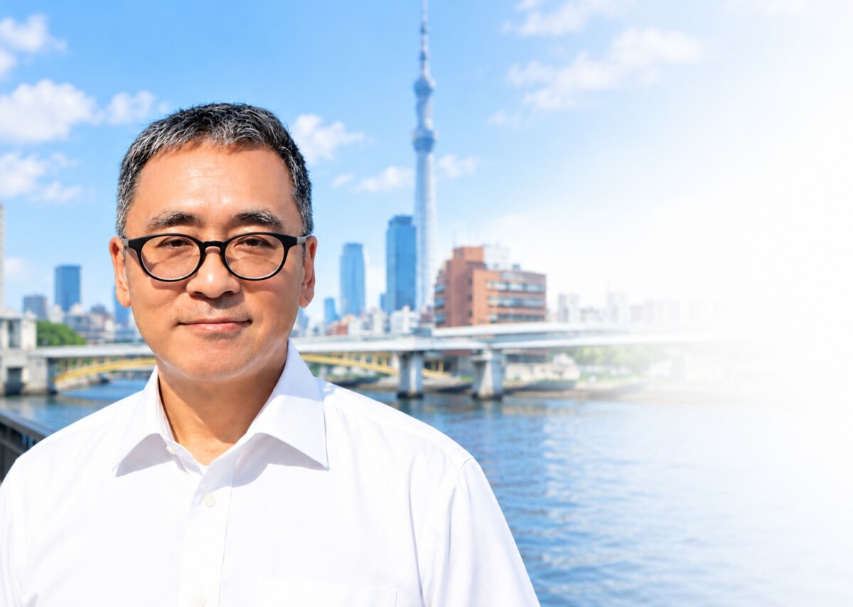 ロータス不動産代表 春日秀典。隅田川沿いにて