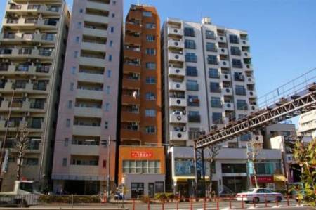 ハピーハイツ入谷外観｜ハピーハイツ入谷は昭和60年築、１２階建てのマンションです。昭和通り沿いに立地します。